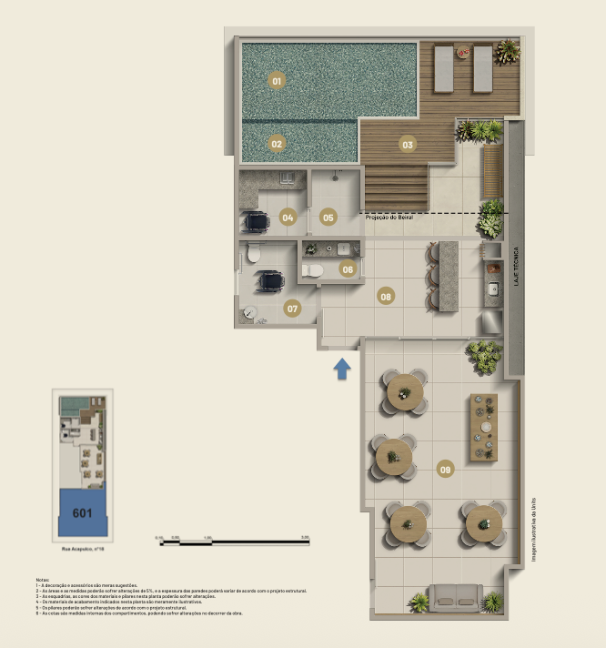 Masterplan do rooftop do Oceana Cavaleiros com itens numerados 01 a 09: piscina, prainha, deck, sauna, ducha, lavabo, banheiro PNE, espaço gourmet e salão de festas