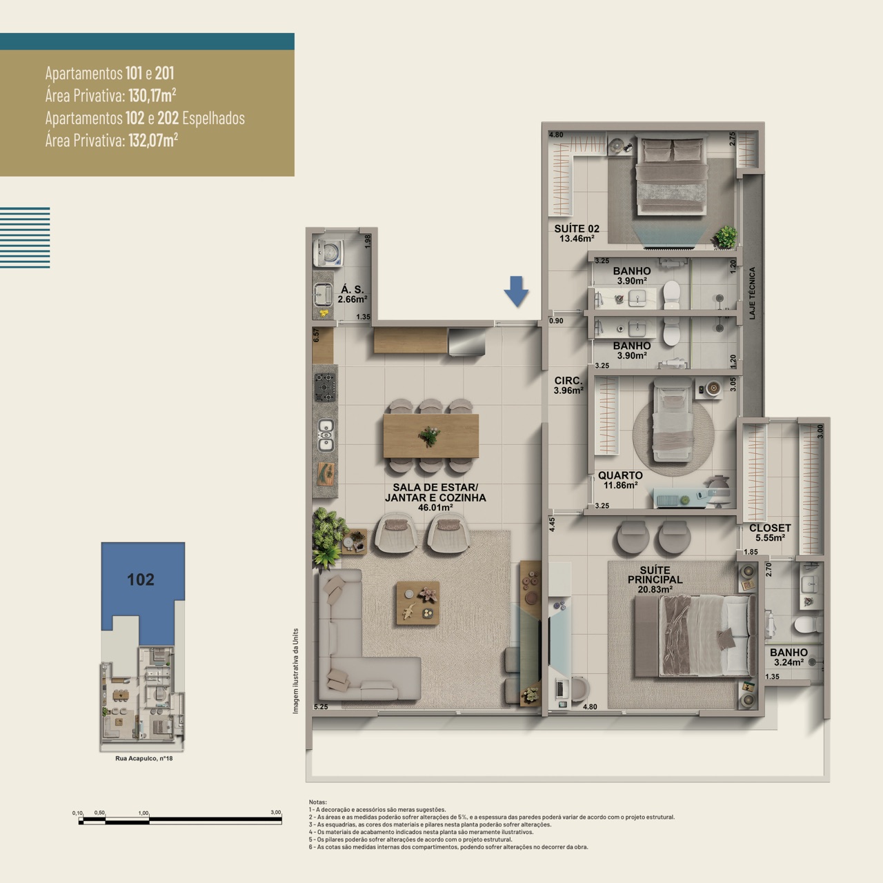 Planta dos apartamentos 101 e 201 — Oceana Cavaleiros