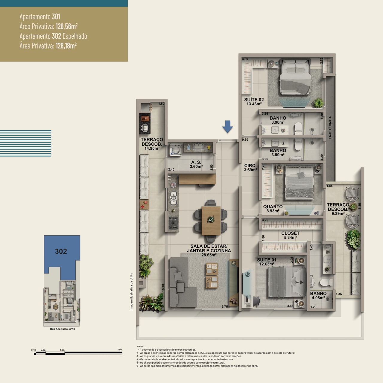 Planta dos apartamentos 301 e 302 — Oceana Cavaleiros