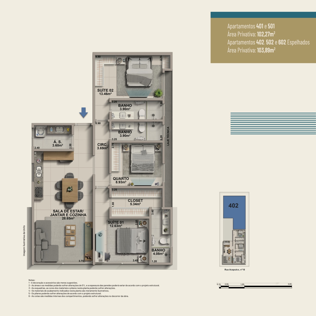 Planta dos apartamentos 401 e 501 — Oceana Cavaleiros